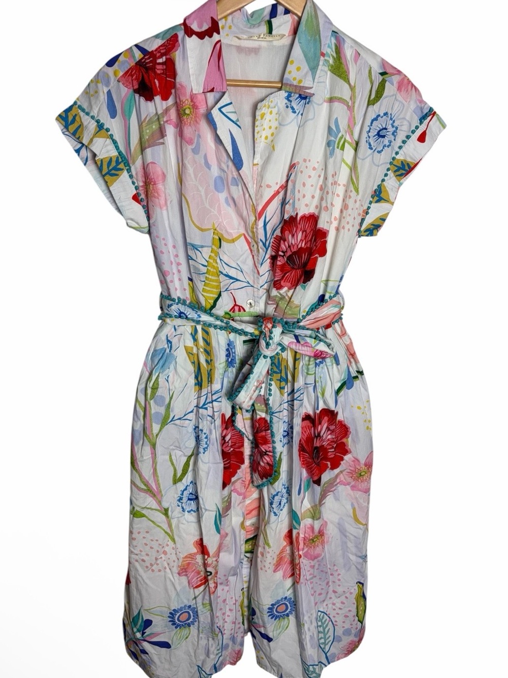 Floral watercolor full button up cotton shirt dress with Pom Pom fringe size M/8